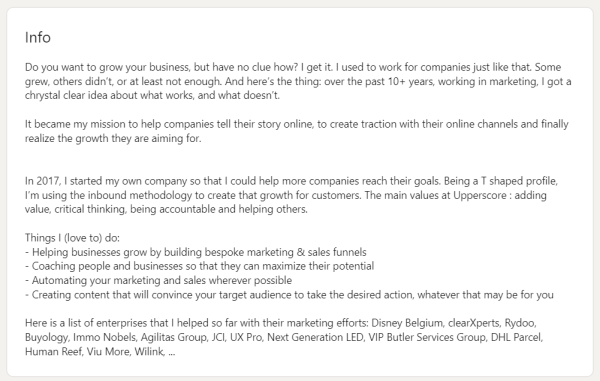 Example LinkedIn info section - business approach